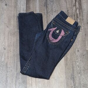 True Religion Women's Dark Blue Low-rise Jeans with Pink/Purple Detail